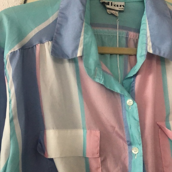 Vintage 1980’s - All Hours- pastel striped silky blouse- roll sleeves- large - Picture 5 of 8